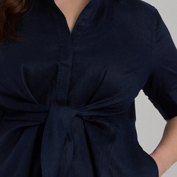 Lauren Ralph Lauren Plus Size 20 Tie Front Linen Shirt Dress Lauren Navy Linen - Picture 4 of 13